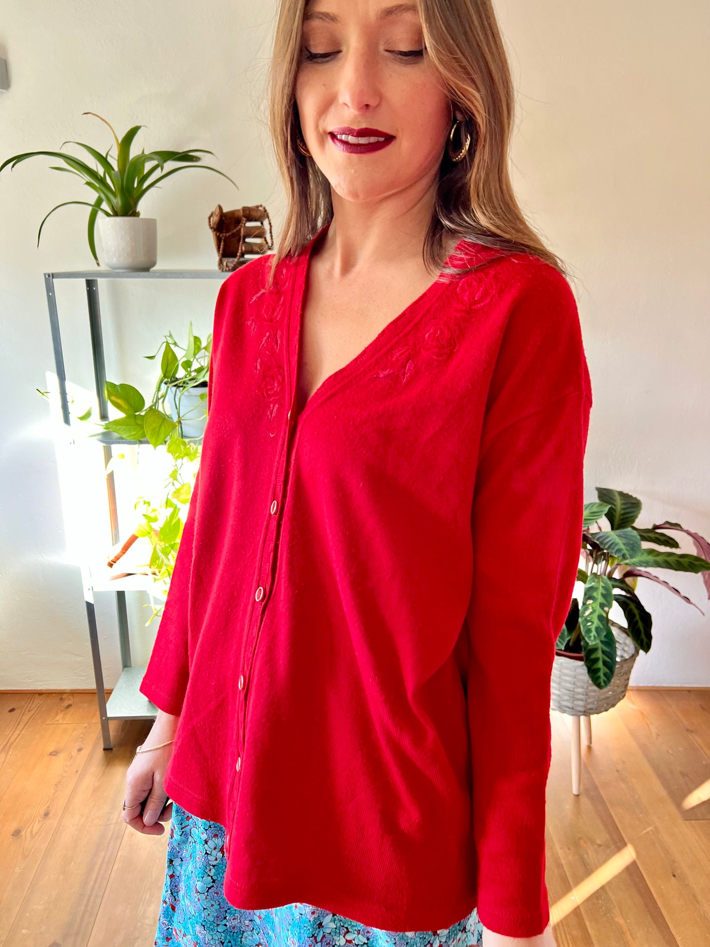 1980's vintage wool blend red cardigan with embroidered rose