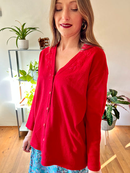 1980's vintage wool blend red cardigan with embroidered rose