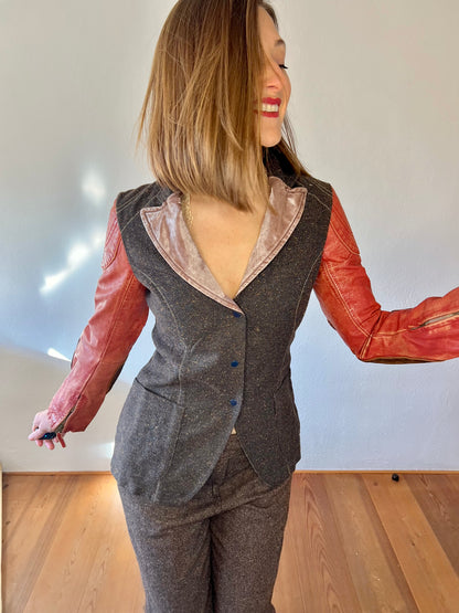 1990's vintage brown tweed jacket with coral leather sleeves