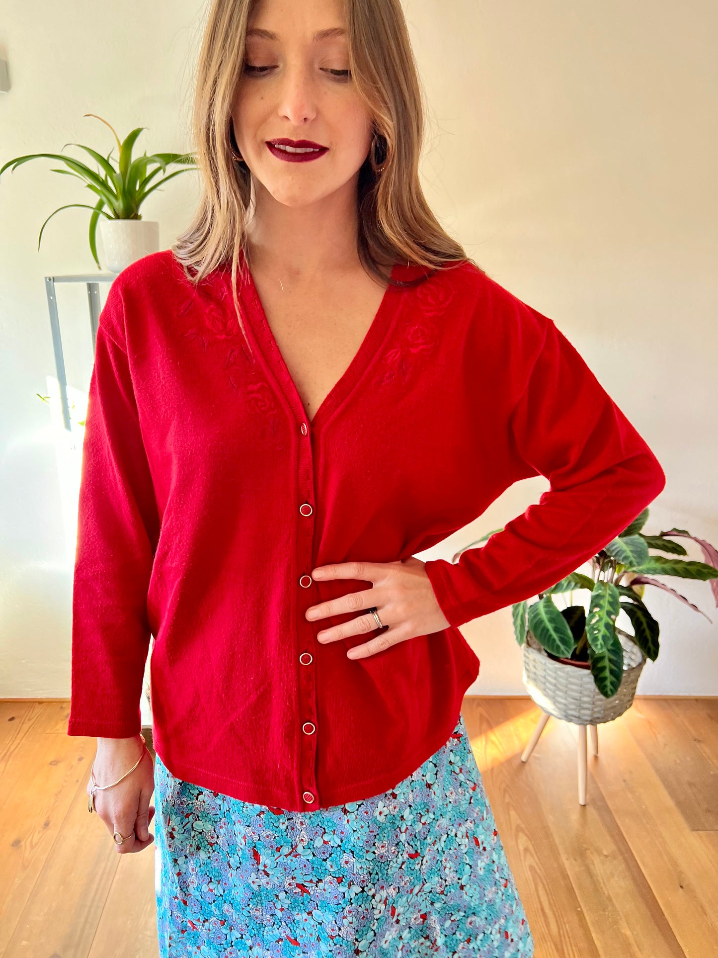 1980's vintage wool blend red cardigan with embroidered rose