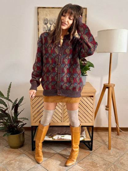 1970's vintage navy, brown and red geometric knit wool cardigan with leather button details