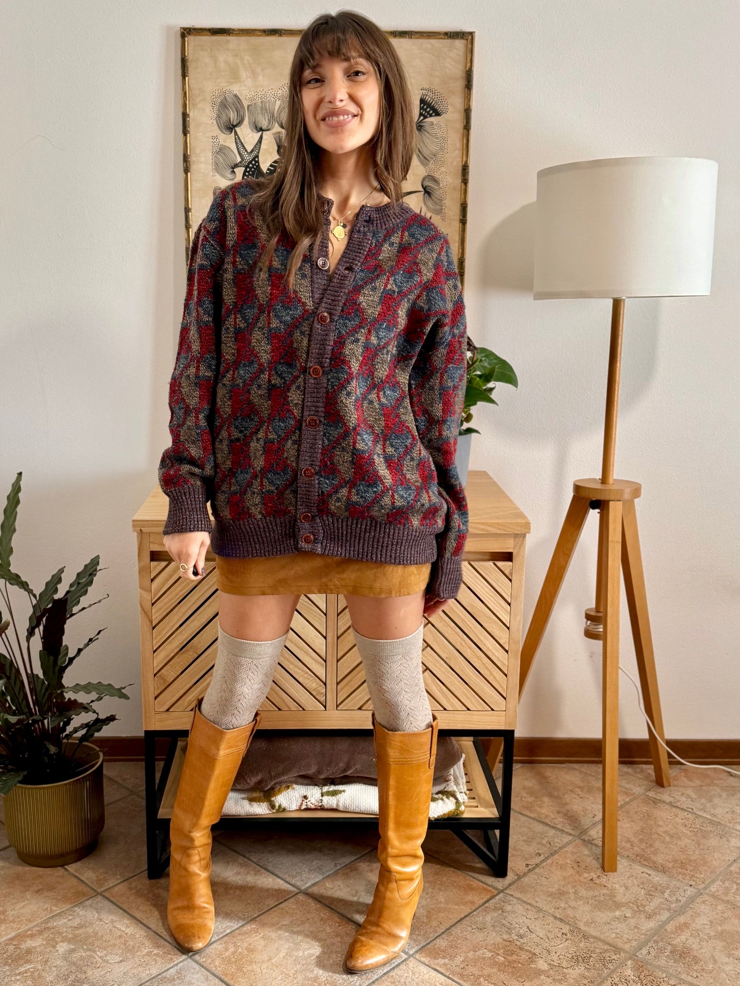 1970's vintage navy, brown and red geometric knit wool cardigan with leather button details