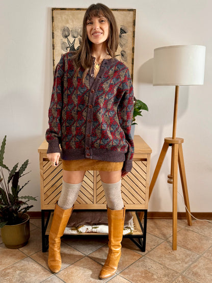 1970's vintage navy, brown and red geometric knit wool cardigan with leather button details