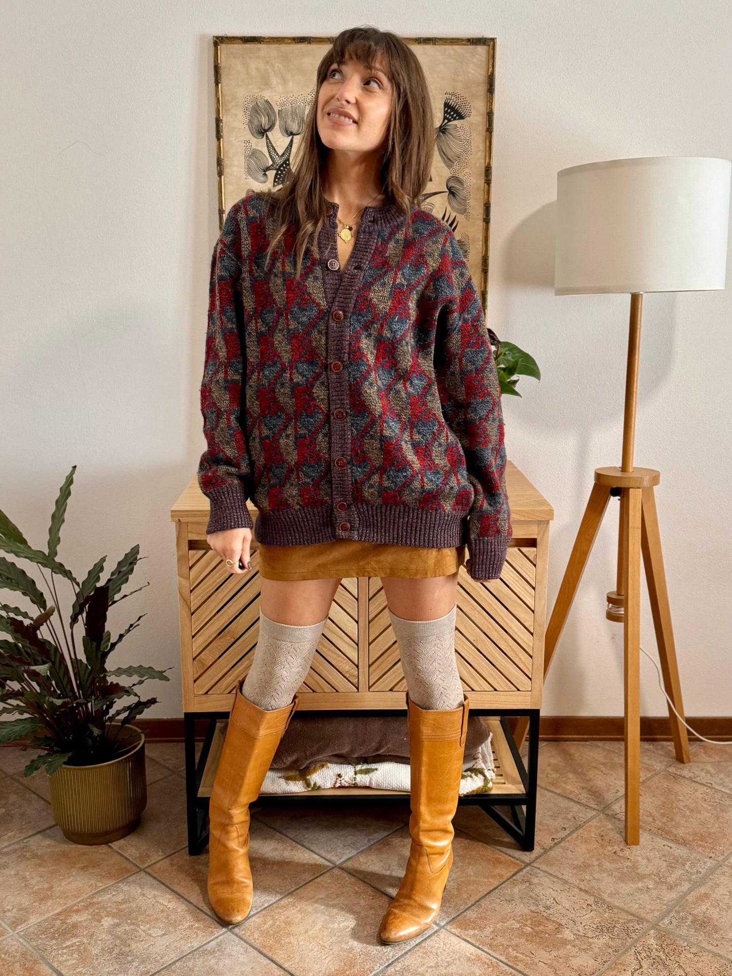 1970's vintage navy, brown and red geometric knit wool cardigan with leather button details