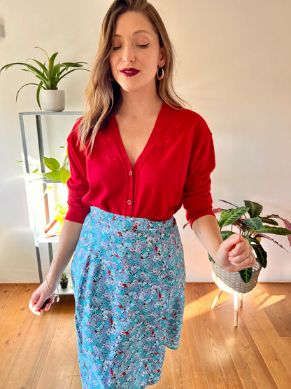 1980's vintage wool blend red cardigan with embroidered rose