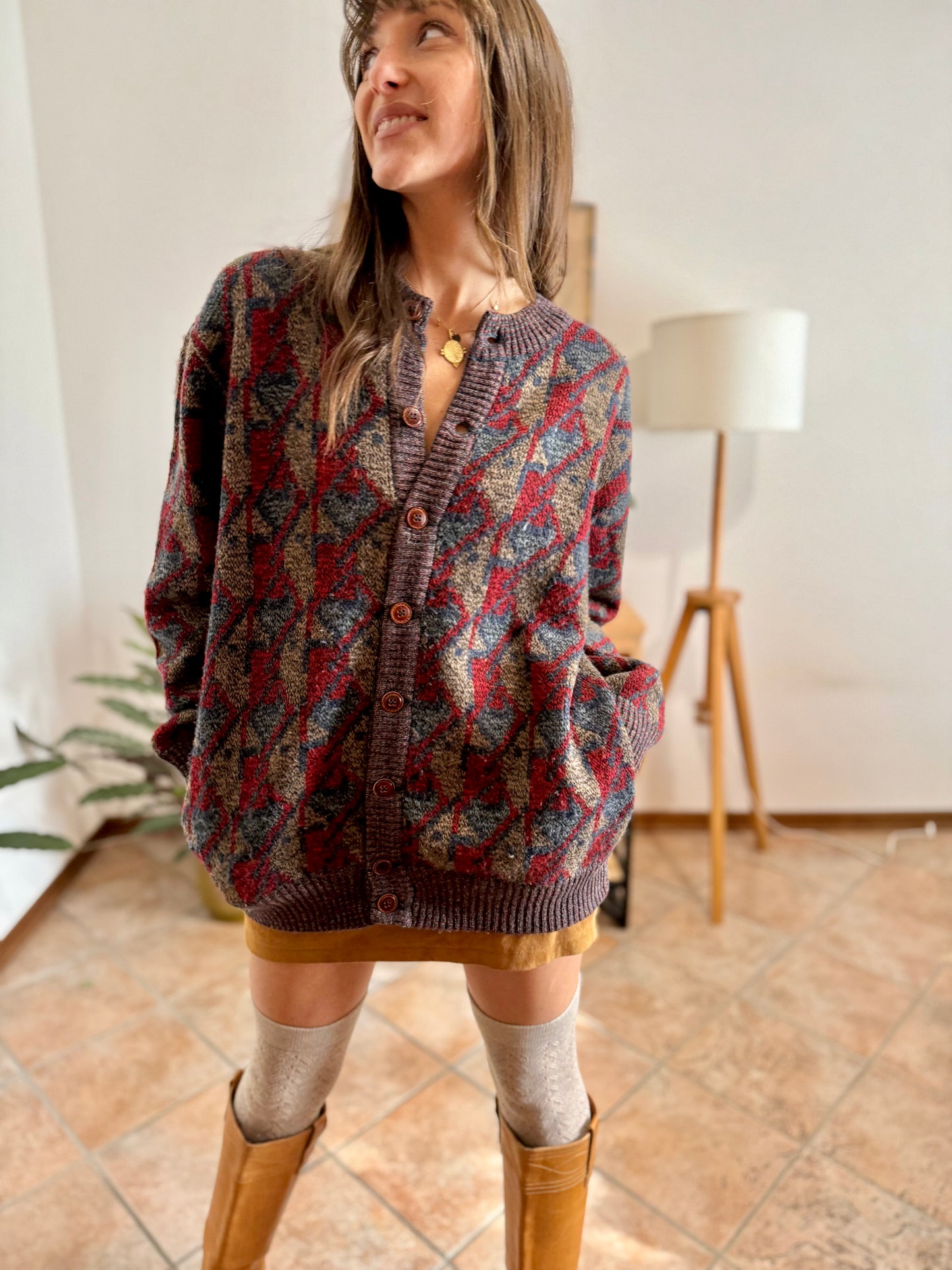 1970's vintage navy, brown and red geometric knit wool cardigan with leather button details