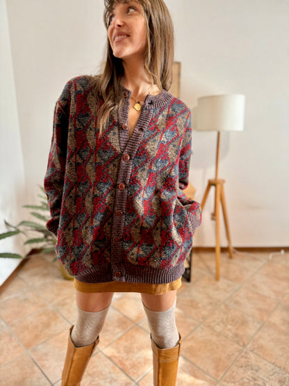 1970's vintage navy, brown and red geometric knit wool cardigan with leather button details