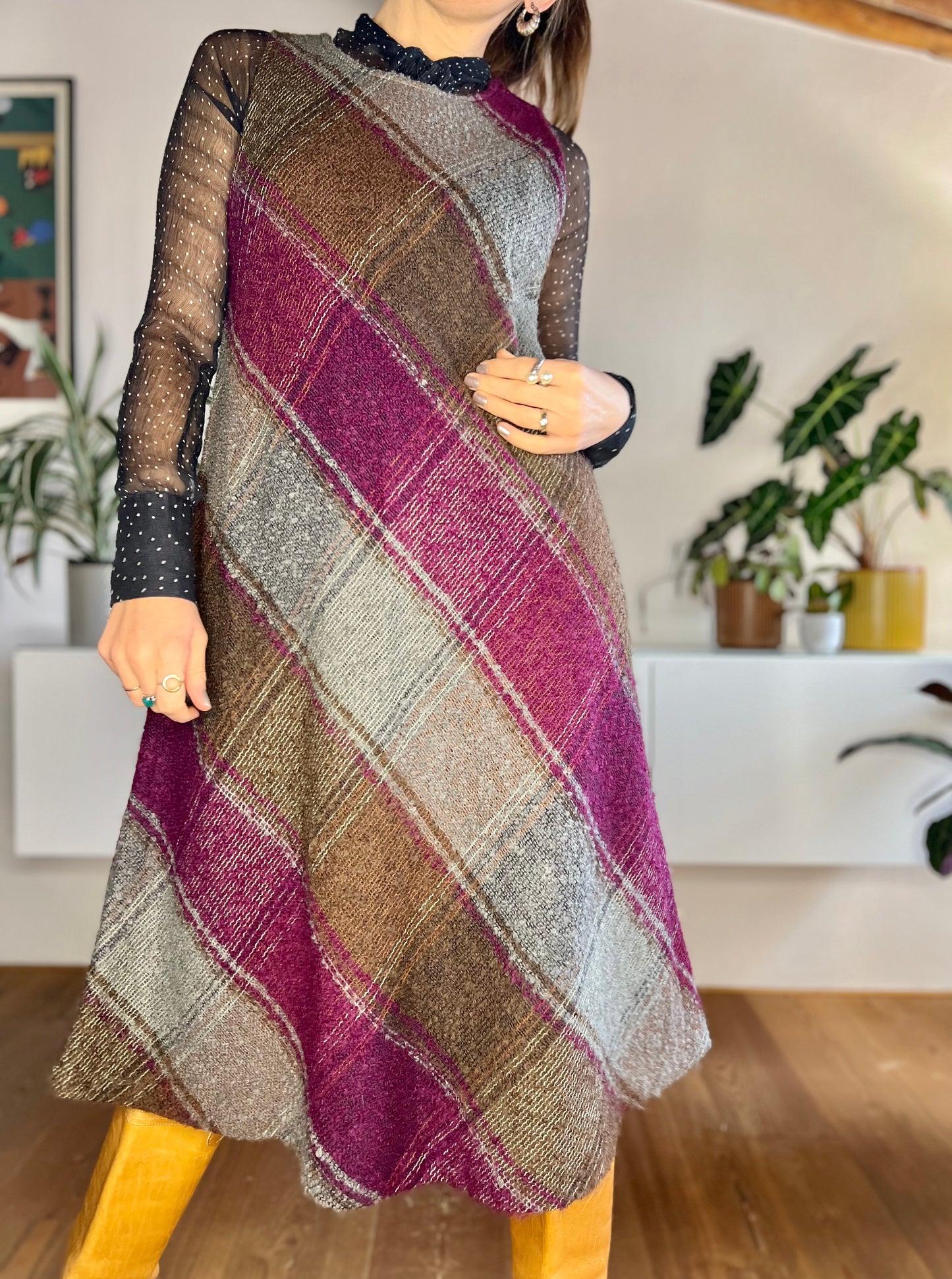 1970's vintage burgundy and grey boucle knit wool midi dress