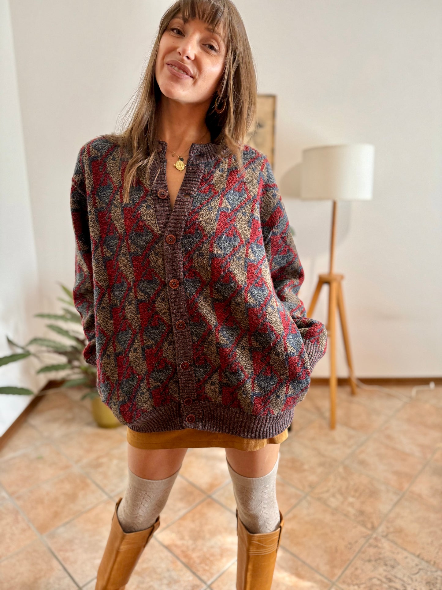 1970's vintage navy, brown and red geometric knit wool cardigan with leather button details