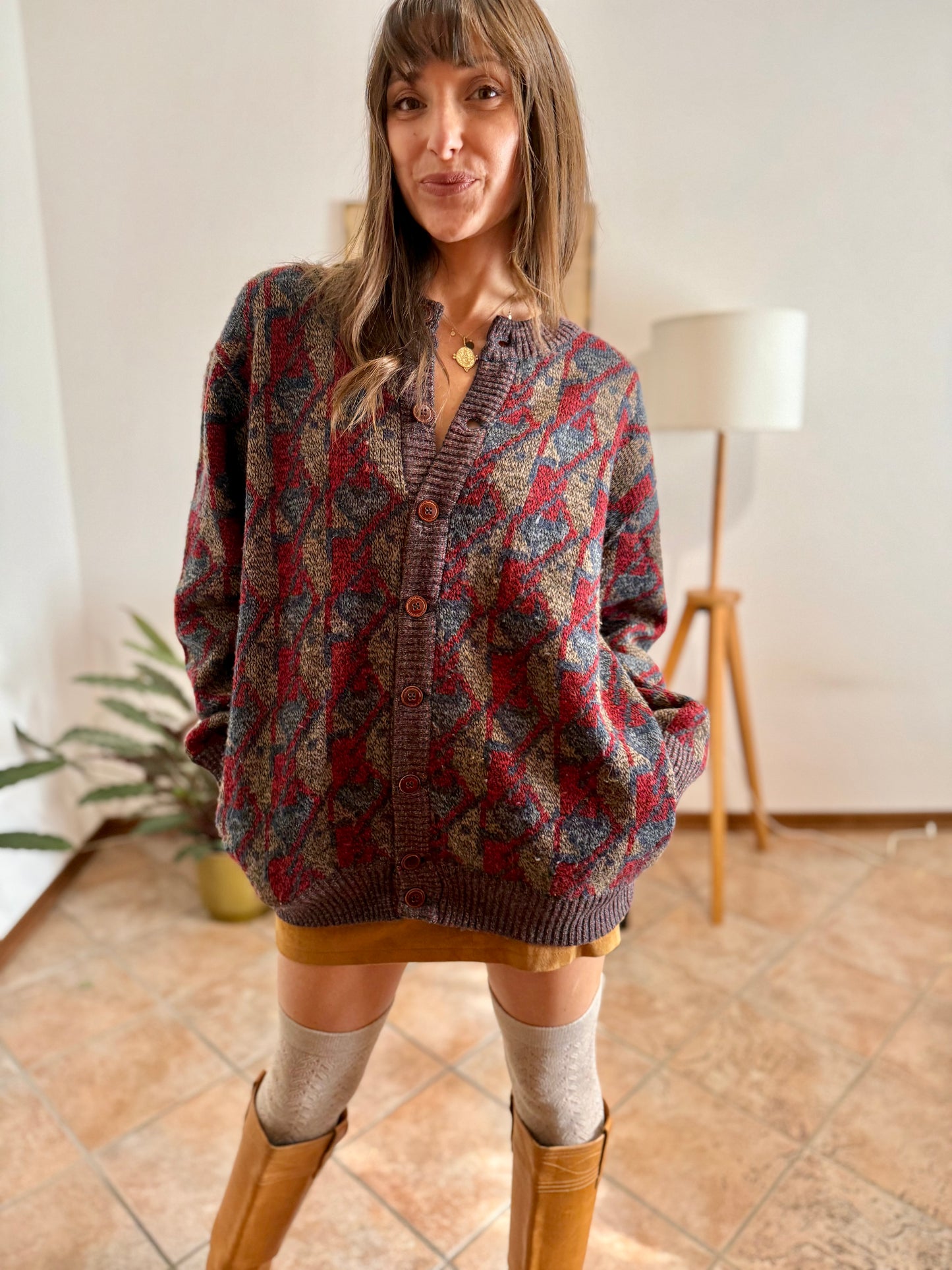 1970's vintage navy, brown and red geometric knit wool cardigan with leather button details