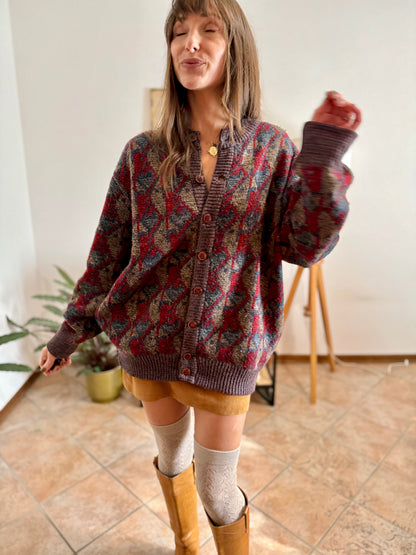 1970's vintage navy, brown and red geometric knit wool cardigan with leather button details