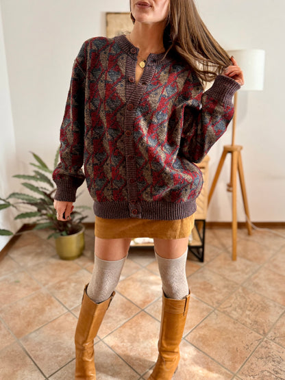 1970's vintage navy, brown and red geometric knit wool cardigan with leather button details