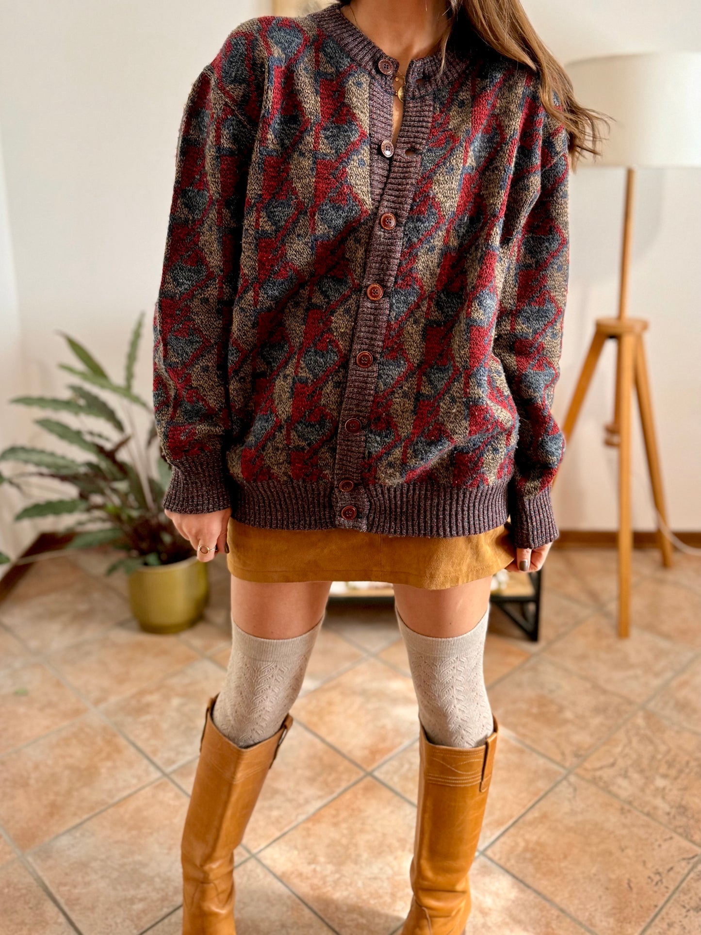 1970's vintage navy, brown and red geometric knit wool cardigan with leather button details