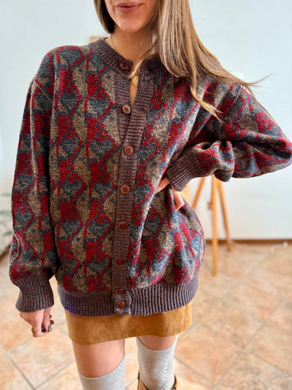 1970's vintage navy, brown and red geometric knit wool cardigan with leather button details