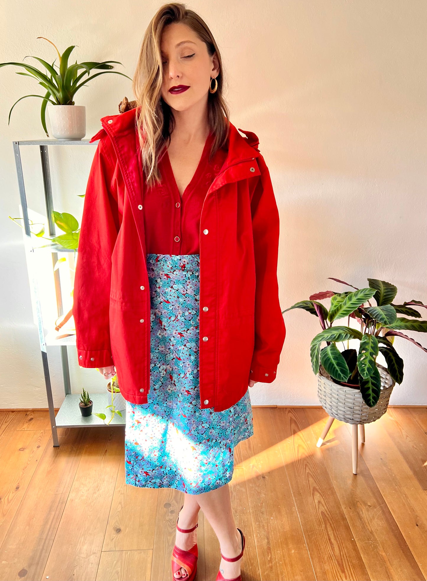 1980's vintage cherry red rain coat with detachable hood