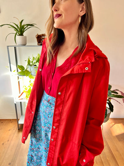 1980's vintage cherry red rain coat with detachable hood