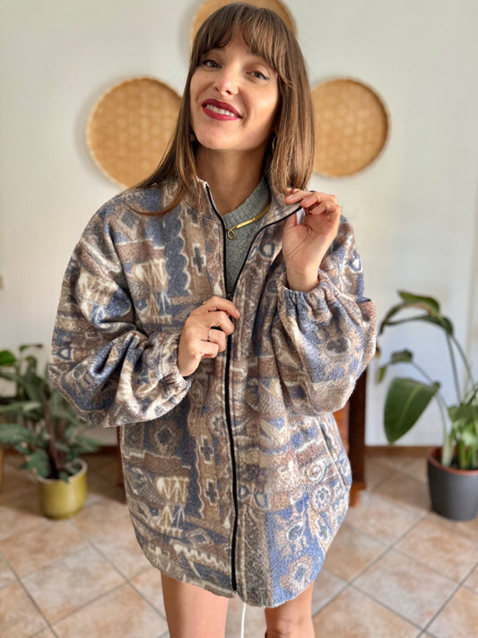 1980's vintage light blue and tan printed zip up fleece