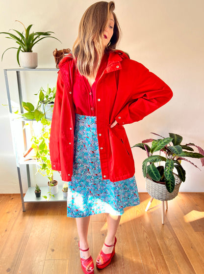 1980's vintage cherry red rain coat with detachable hood