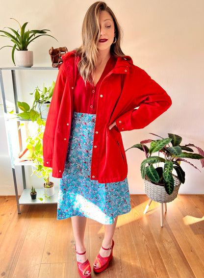 1980's vintage cherry red rain coat with detachable hood