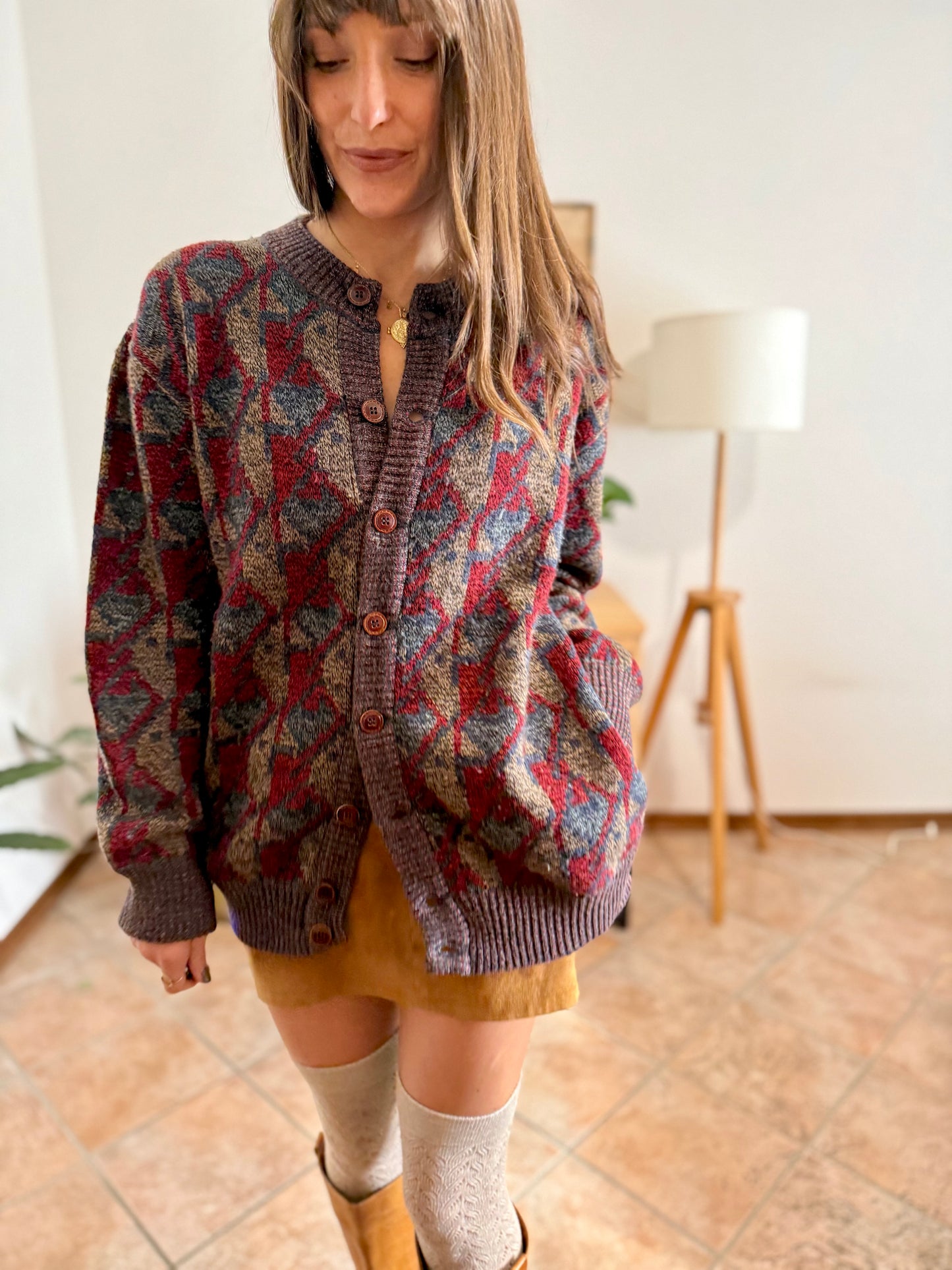 1970's vintage navy, brown and red geometric knit wool cardigan with leather button details