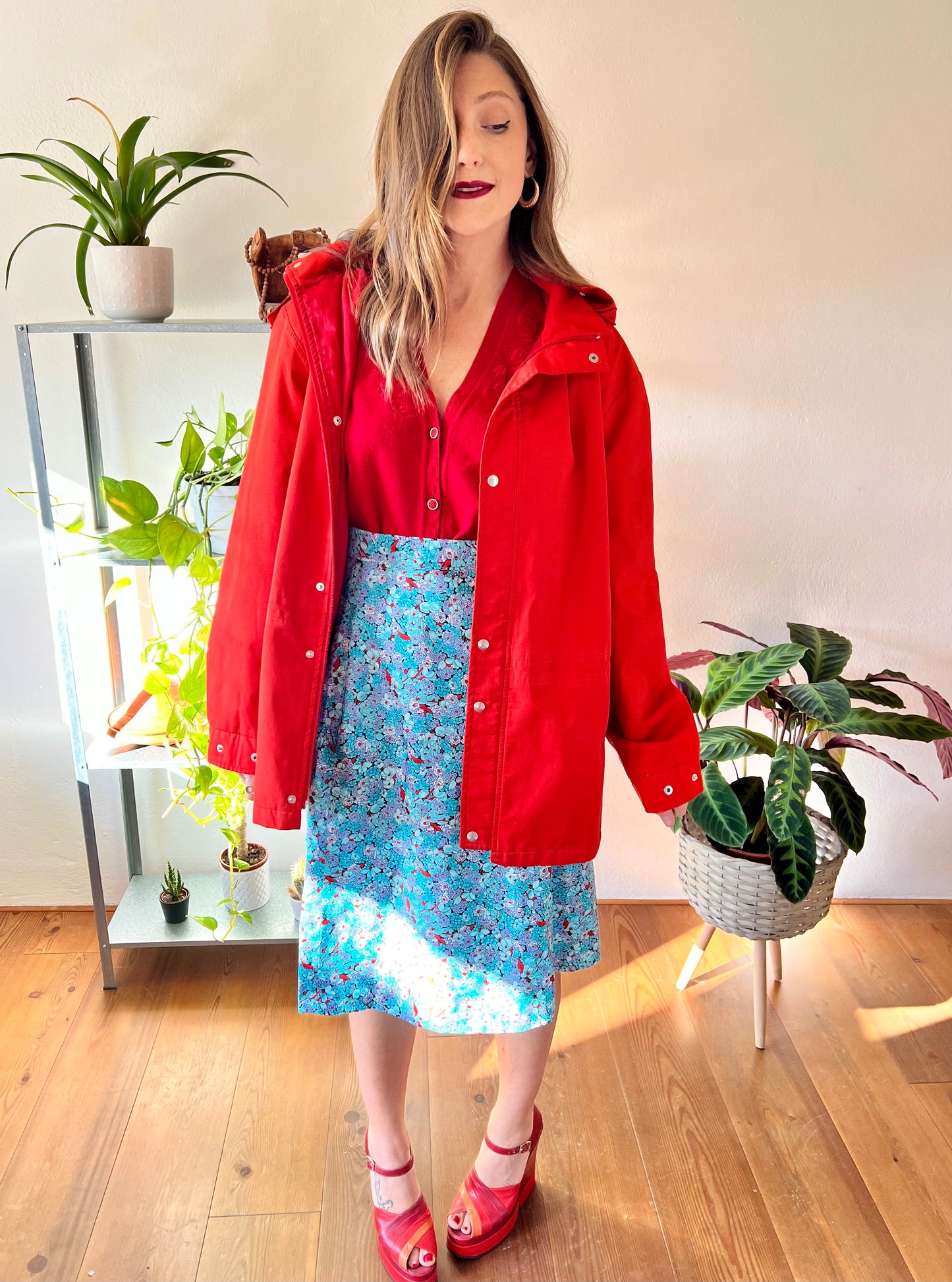 1980's vintage cherry red rain coat with detachable hood