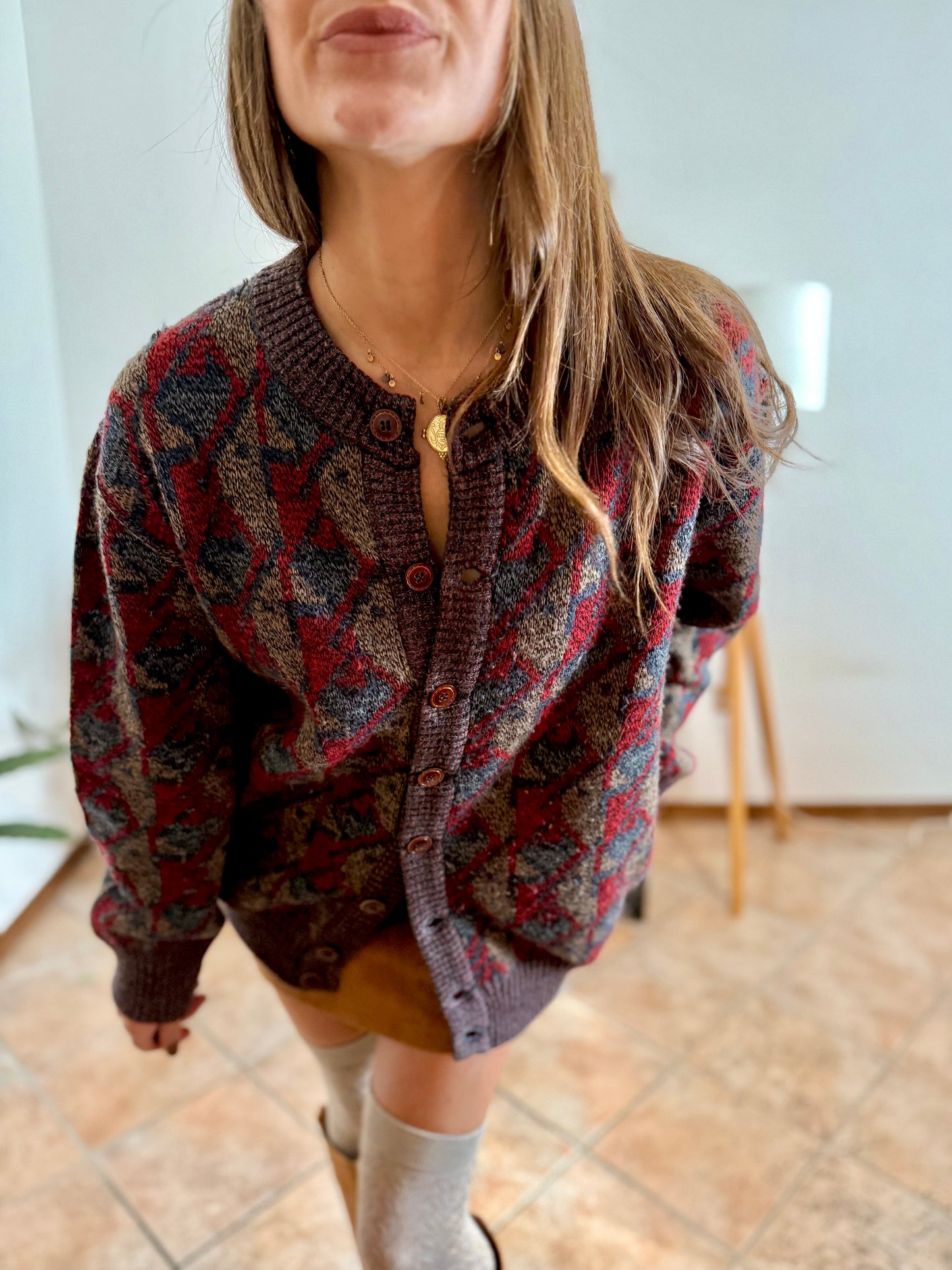 1970's vintage navy, brown and red geometric knit wool cardigan with leather button details