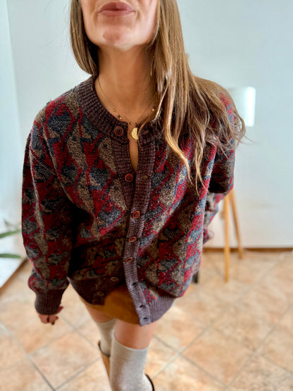 1970's vintage navy, brown and red geometric knit wool cardigan with leather button details