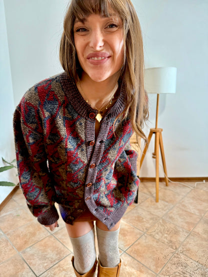 1970's vintage navy, brown and red geometric knit wool cardigan with leather button details