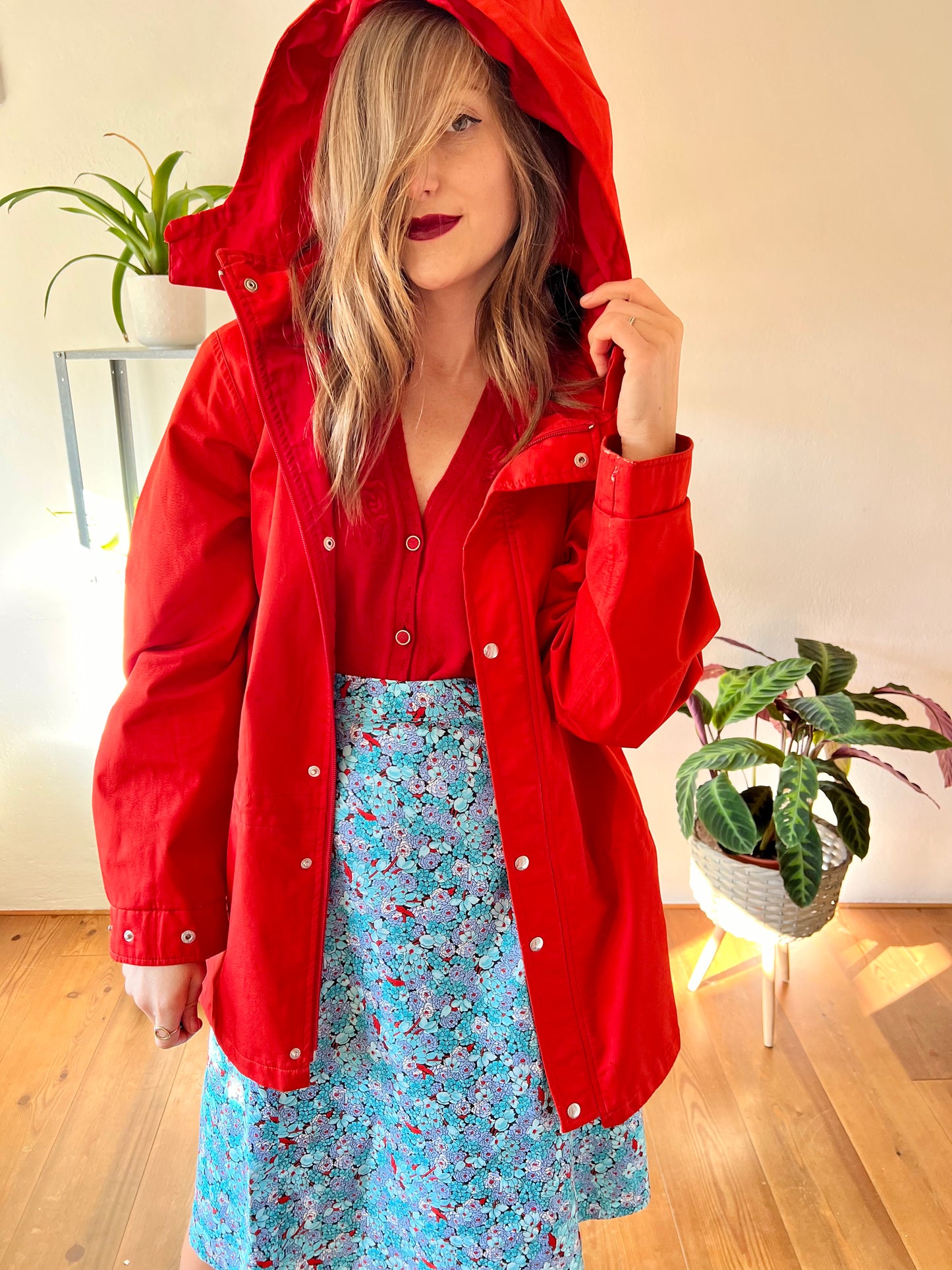 1980's vintage cherry red rain coat with detachable hood