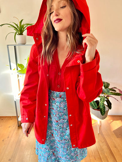 1980's vintage cherry red rain coat with detachable hood