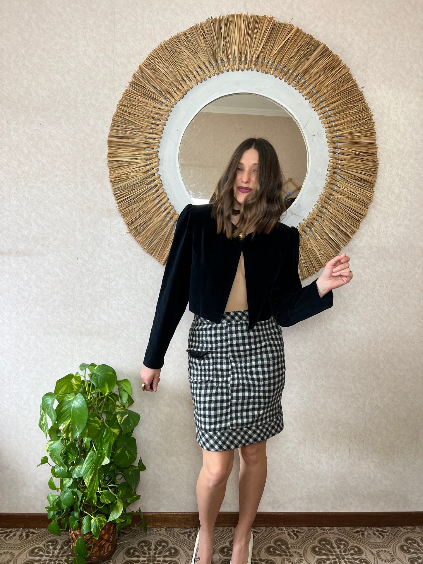 1990's vintage black and white plaid pencil skirt