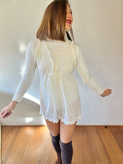 1970's vintage cream lace mini slip dress