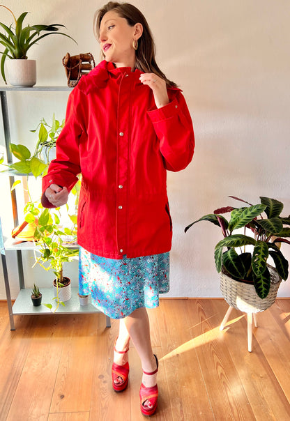 1980's vintage cherry red rain coat with detachable hood