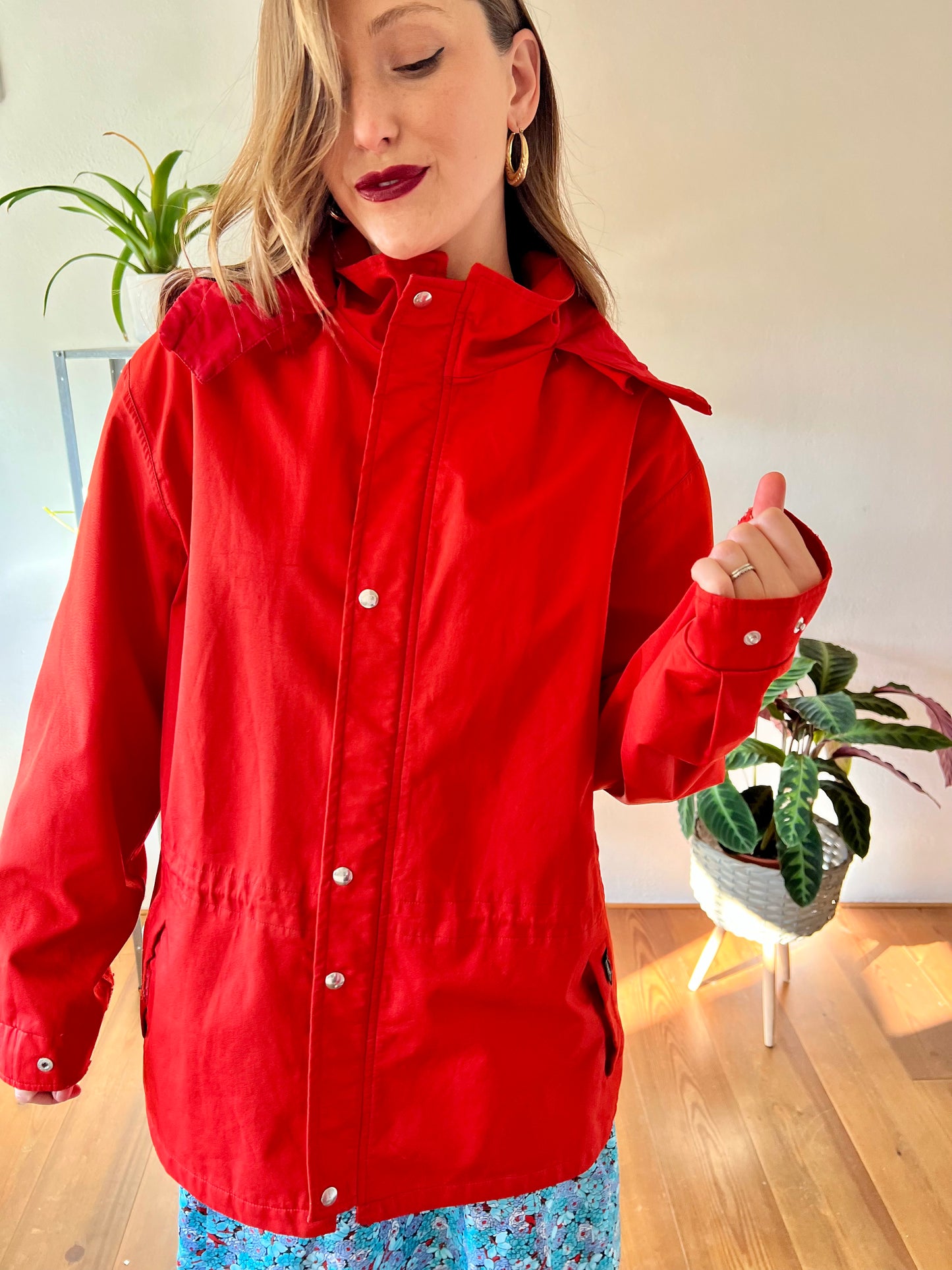 1980's vintage cherry red rain coat with detachable hood