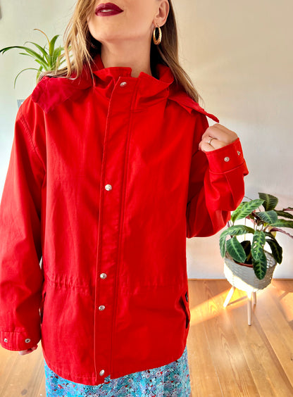 1980's vintage cherry red rain coat with detachable hood