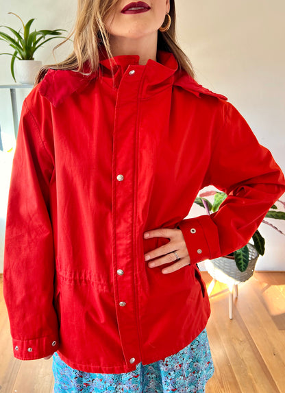 1980's vintage cherry red rain coat with detachable hood