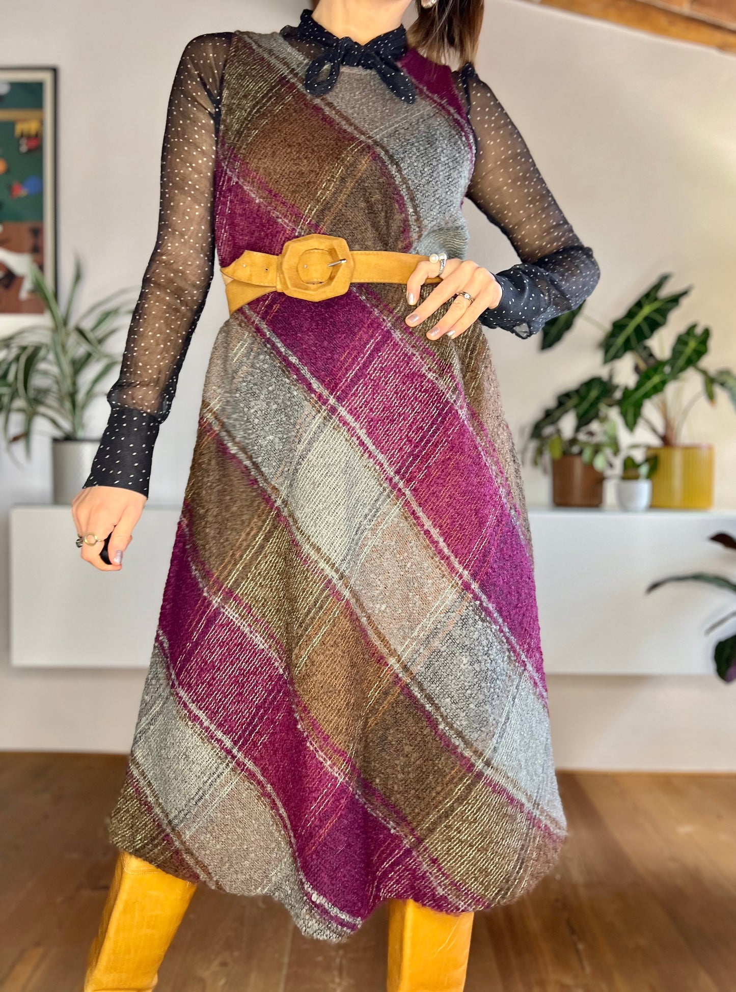 1970's vintage burgundy and grey boucle knit wool midi dress