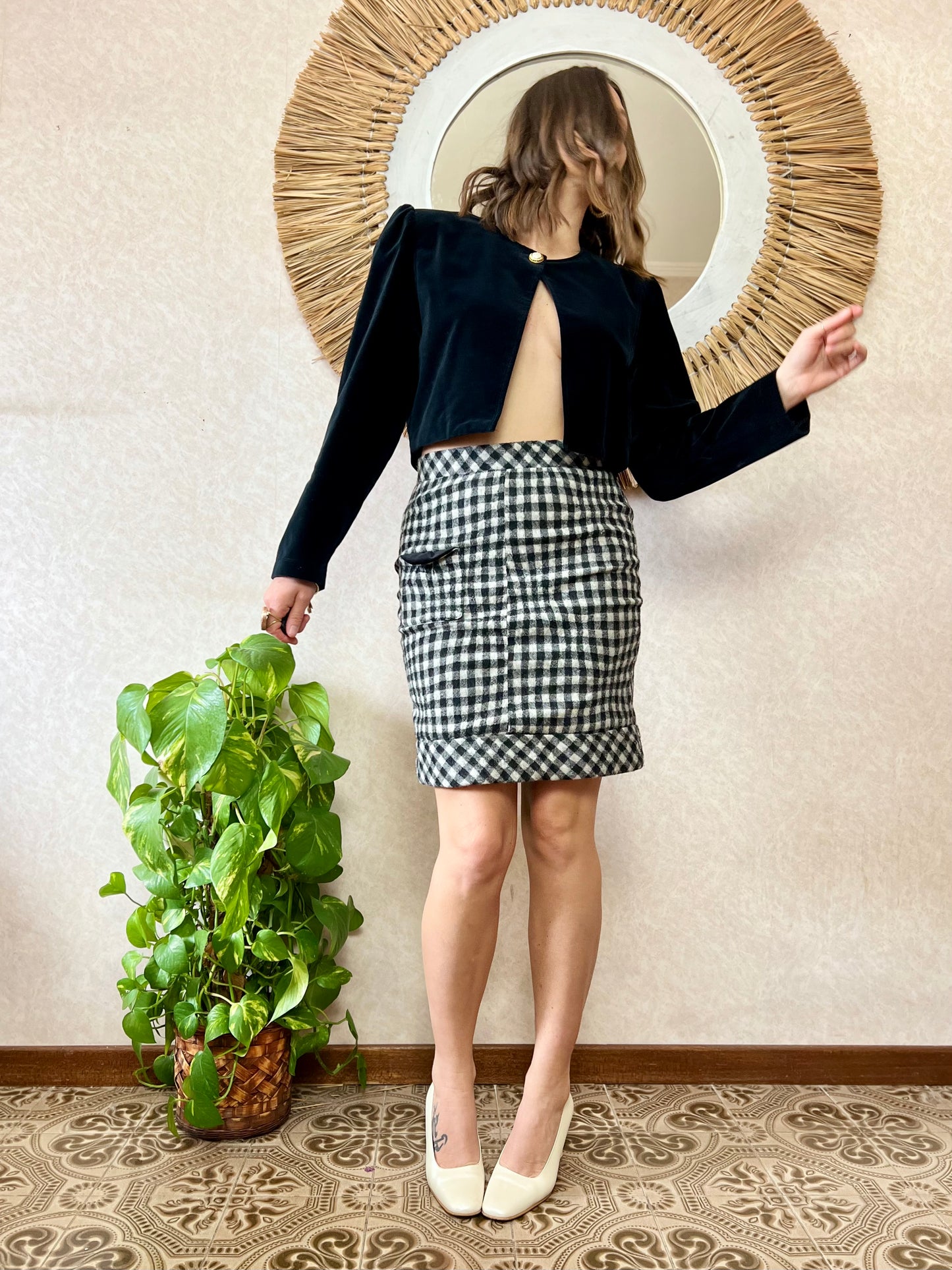 1990's vintage black and white plaid pencil skirt