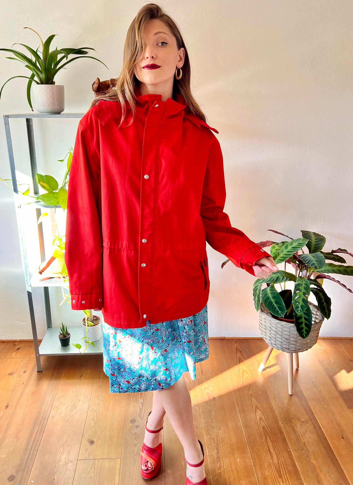 1980's vintage cherry red rain coat with detachable hood