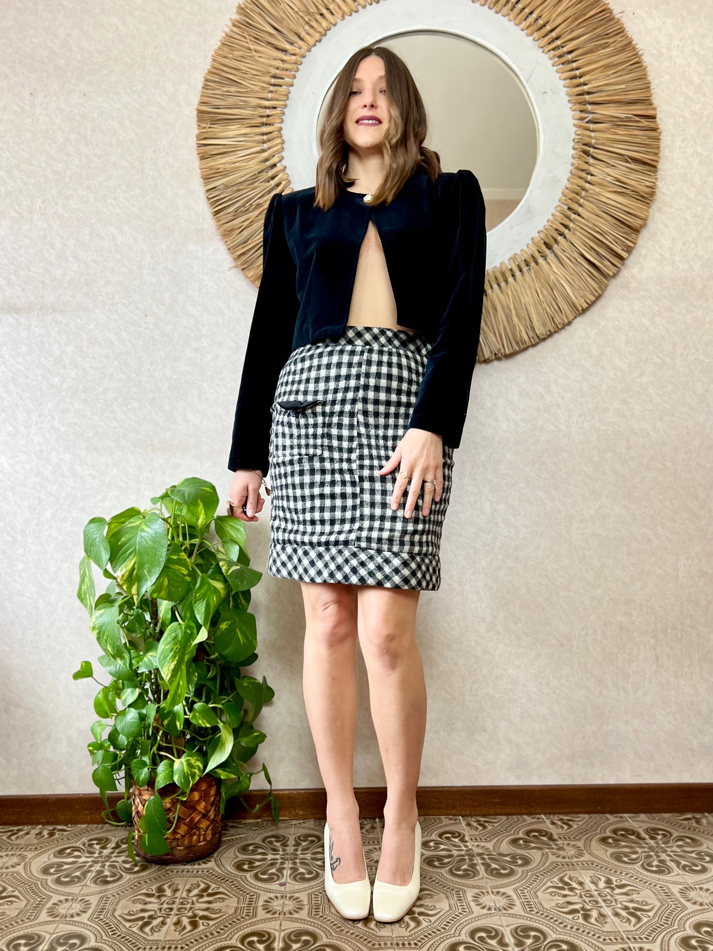 1990's vintage black and white plaid pencil skirt