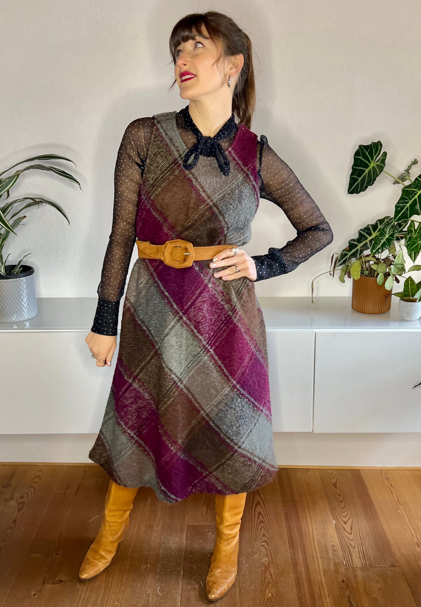 1970's vintage burgundy and grey boucle knit wool midi dress