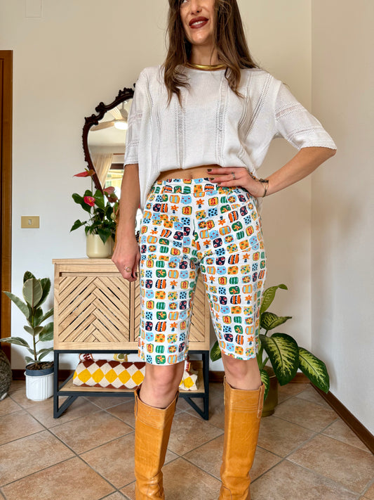 1990's vintage white cotton shorts with multicolor fish and floral print