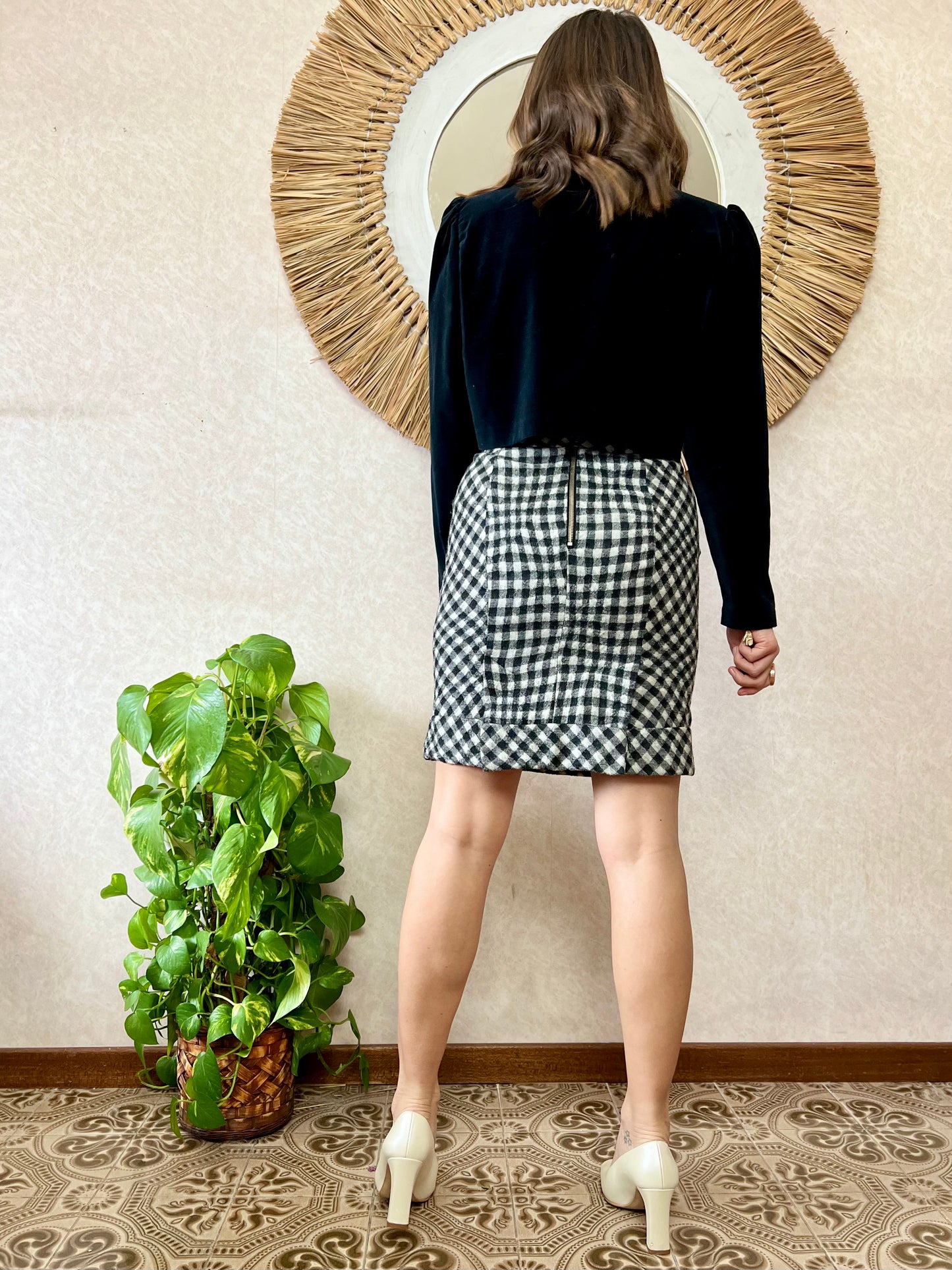 1990's vintage black and white plaid pencil skirt