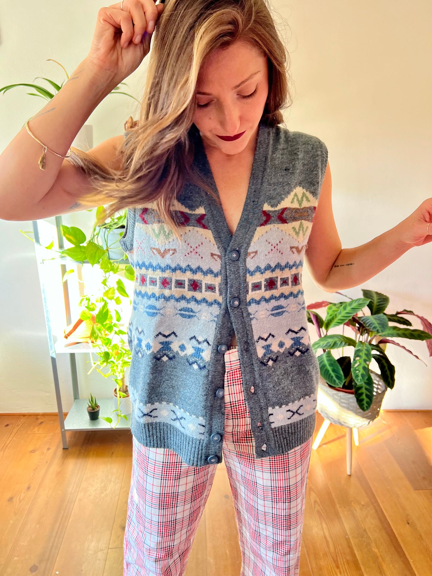 1970's vintage blue and burgundy geometric knit sweater vest