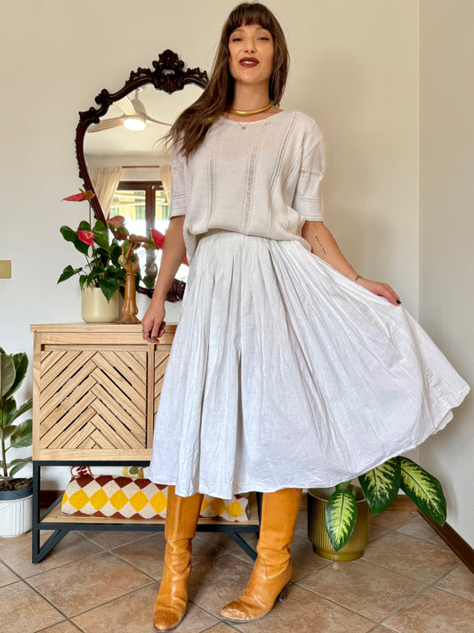 1970's vintage white cotton pleated waist midi skirt