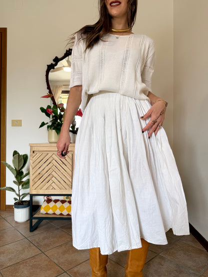 1970's vintage white cotton pleated waist midi skirt