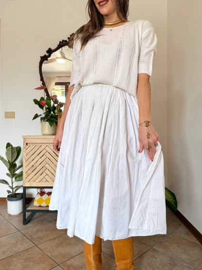 1970's vintage white cotton pleated waist midi skirt