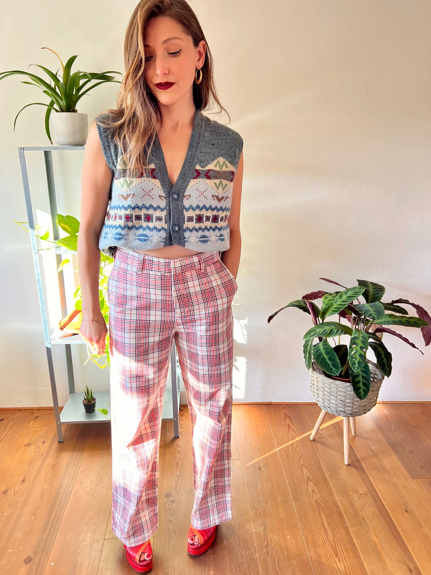 1970's vintage high waisted red and navy plaid wide leg trousers