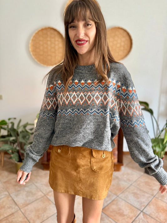 Y2k vintage oversize wool blend grey knit pullover with blue, orange and white geometric print