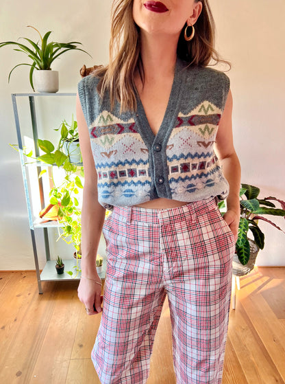 1970's vintage blue and burgundy geometric knit sweater vest